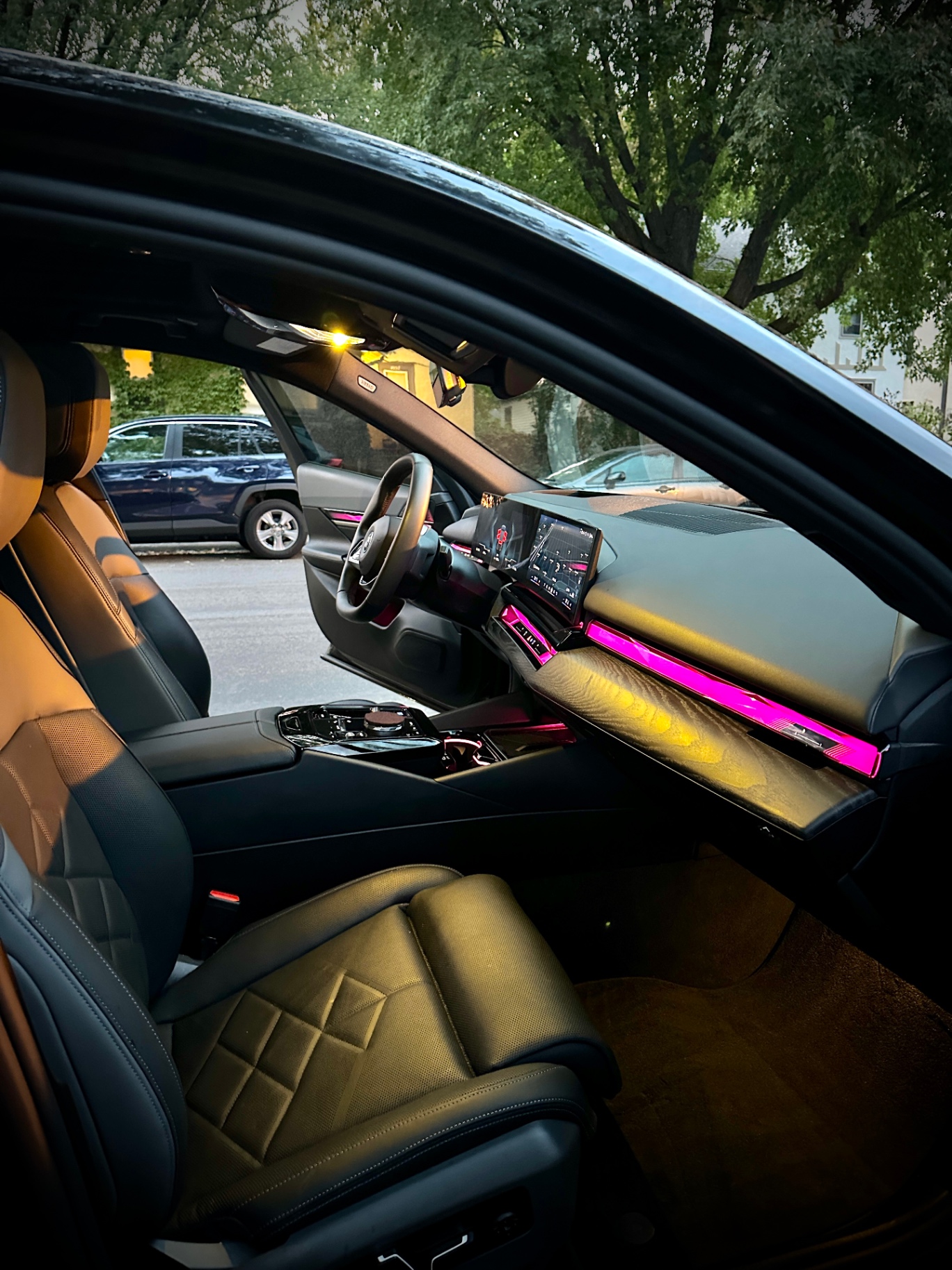 Freshly detailed BMW front cabin seen from the passenger door