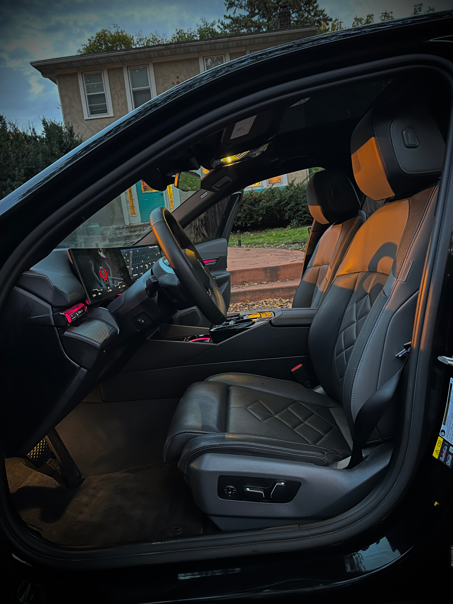Clean BMW driver seat and dashboard through the open door